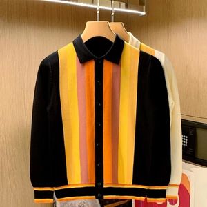 British Style Men Knitted Cardigan Vertical Stripe Long Sleeved Button Mens Tops Spring Autumn Brand Slim Lapel Thin Sweater 240306