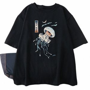 swimming Colorful Jellyfish Print Mens Short Sleeve Japanese Harajuku O-Neck Tops All-math Oversize Vintage Man Cott T-Shirts A5am#