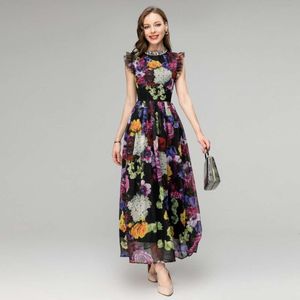 XXL Rhinestone Standing Collar 2023 Summer New Collection Waist Pleated Large Hem Bright Silk Chiffon Dress For Women 392284