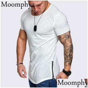 Homens camisetas Mens Moomphya Cor Sólida Side Zipper Camiseta Longline Slim Fit T-shirt Homens Hip Hop Streetwear Verão Tops Drop Dh4Zv