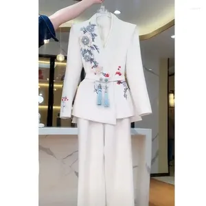 Women's Two Piece Pants Ladies Embroidery Wide-leg Suit Women Spring Autumn Professional Jacket Two-piece