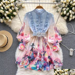 Basic Casual Dresses Spring Summer Runway Designer Flower Linen Dress Women Ruffles Lantern Sleeve Single Breasted Short Vestidos 2023 Otcmi