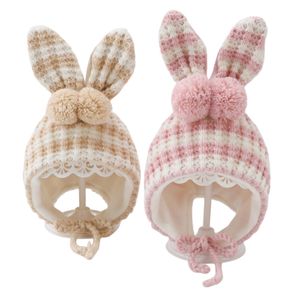 Ins Baby Çocuk Sevimli Tavşan Kulakları Şapkalar Bebek Çocuklar Stripe Pompom Bunny Sıcak Beanie Çocuklar Paskalya Parti Kapağı A9361