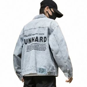 jeans Coat for Men Light Blue with Embroidery Denim Jackets Man Hip Hop Letter Wide Sleeves Large Size Worn Winter Outerwear Y2k e5Nm#