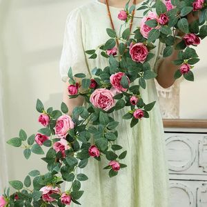 Artificial Sweetheart Roses Silk Fake Flowers Vines Festival Party Decoration Simulation Orange Rose Vine Green Plant Flower 240314