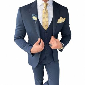 formal Busin Outfits Set Navy Blue Single Breasted Notched Lapel Elegant 3 Piece Jacket Pants Vest Slim FIt Terno Chic Blazer I7Q2#