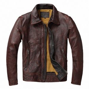 free ship! Top layer Cow Oversized Leather Jacket Red-Brown American Motorcycle Style Color Distred High Sense Coat v6oi#