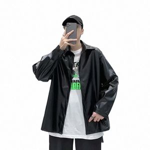 soft Faux Pu Leather Butt Up Oversized Jacket Fall Japanese Fi Men Kpop Coat Windbreaker Korean Cloth Blusas Top Harajuku r40y#