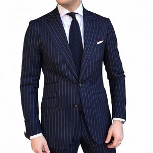 2 -częściowy pinstripe męski garnitur szczupły do ​​formalnego ślubnego smokingu na notowanie Lapel granatowy w paski Busin Busin Mężczyzna Fi t31j#