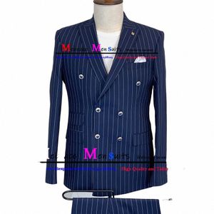 Königsblau Weiß Streifen Herrenanzug 2 Stücke Jacke Hosen Nadelstreifen Zweireiher Busin Mann Anzug Terno Masculino Blazer Sets P1Tu #