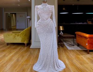 Białe brokatowe cekinowe sukienki wieczorowe syreny wysoko szyi długie rękaw Ruche vestidos de Fiesta Formal Wear Train Long Prom G7676803