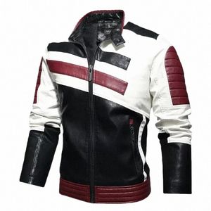 Осень-зима флисовые мотоциклетные кожаные куртки Fi Color Match Байкерская куртка Пальто из искусственной кожи Мужская уличная верхняя одежда k3QX #