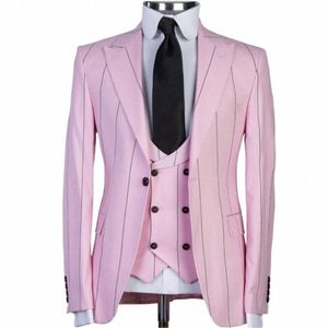 latest Wide Stripe Design Men Suits Peaked Lapel Slim Fit Tuxedo Masculino Blazer Prom Daily Wear Custom Made Jacket+Pants+Vest D562#
