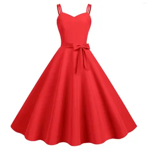Casual Dresses 2024 Summer Rockabilly for Women Vintage Robe Pin Up Swing a Line Dress Solid Color Elegant Cocktail Party
