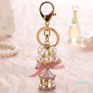 Keychains Lanyards Keychains Cute Keychain Pearl Crystal String Carousel For Women Key Chain Jewelry Gift Accessories