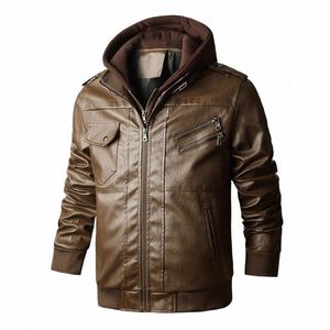 Herren Winter Faux Lederjacke Motorrad PU Warmer Mantel Lässig Ribb Sleeve Abnehmbare Kapuze Lederjacke Männer b6dk #