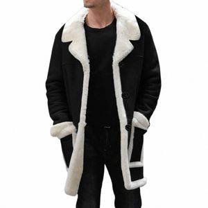 mężczyźni płaszcz zimowy kołnierz LG Rękaw Wyściełana skórzana kurtka Vintage zagęszcza płaszcz owczysek płaszcza flanelowe J7D9#