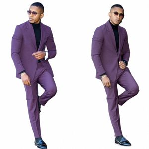 Purple Men's Suits skräddarsydda 2 stycken Blazer Pants Peaked Lapel One Butt Pure Slim Fit New Wedding Groom Custom Made Plus Size T8A2#