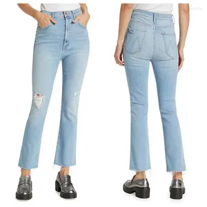 Jeans femininos ioo 2024 primavera e verão cintura alta luz azul desgastado borda solta micro flare nove pontos