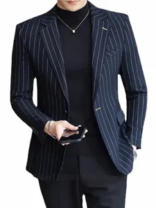 new Arrival Striped Male Suit Navy Blue Formal Casual Wedding Tuxedo 1 Piece Busin Peak Lapel Double Breasted Blazer Only A67u#