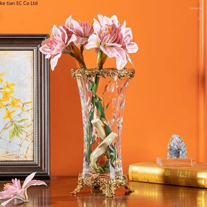 Vase American High-End Luxury Living Room Decoration Vase EuropeanBrass Crystal Glass Table Porchシニアホーム