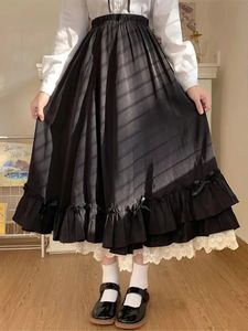 Черные длинные юбки, женские японские кавайные юбки в стиле консервативного стиля Лолита, женские французские винтажные двухслойные кружевные плиссированные юбки с рюшами 240318
