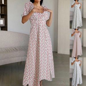 Casual Dresses French Simple Floral Print Maxi For Girls Teens 2024 Literary Loose Fragmented Short Sleeve V Neck Long Dress