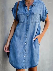 Vestidos de festa verão único breasted denim camisa vestido feminino casual bolso solto simples retro commuter feminino escritório saia curta