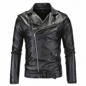 mens giacche di pelle 2024 nuovo bianco nero casual risvolto slim fit diagonale cerniera moto PU giacca di pelle cappotto abbigliamento uomo g8O7 #