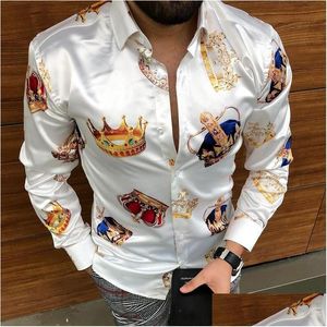 Camisas de vestido masculinas Mens Luxury Crown Impresso Camisa Homens 2021 Outono Manga Longa Slim Casual Streetwear Roupas de Festa Social Camisa Mas Dhfm1
