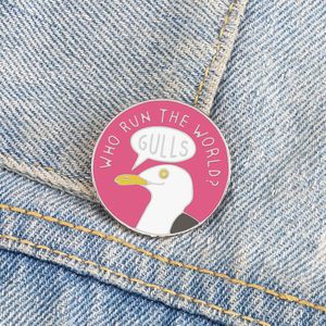 Animal Pink Round Badge Cute Gull Power Brooch for Children Girls WHO RUN THE WORLD GULLS Jewelry Bag Lapel Pin Gift Accessories