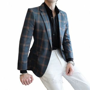 Blue Plaid Pattern Suit Fi 2024 Spring Warm Busin Blazer Prom Party 1 Piece Tuxedo Jacket Endast för Wedding Party Dinner S5WP#