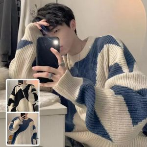 Fall Winter Men Sweater Color Matching Knitted Soft Loose Thick Vintage Cozy Elastic Pullover 240315