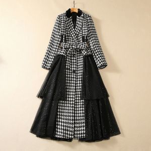 European and American women's dress 2023 winter new Long sleeve suit collar belt single breasted plaid mesh Fashion woolen coat