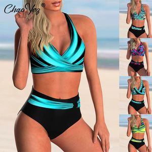 Costumi da bagno da donna a vita alta stampa a colori bikini donna femminile sexy costume da bagno a due pezzi sciolto estate costumi da bagno costumi da bagno 5XL 2024