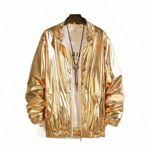 Erkek Rüzgar Dereciği Ceketler Gece Kulübü Partisi Ceketler Kostüm Sokak Giyim Harajuku Hip Hop Yansıtıcı Ceket Altın Fi Katlar E9ci#
