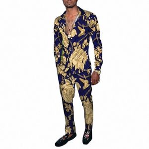 new Fi Men's Casual Sportswear 3D Printed Fr Pattern Breathable Men's Lapel Lg Sleeve Shirt Lg Pants Two Piece Set j8cM#
