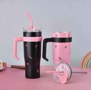 Garrafas de água 40oz preto rosa tumbler com alça e tampa de palha de aço inoxidável vácuo isolado copo reutilizável grande para menina ajuste titular