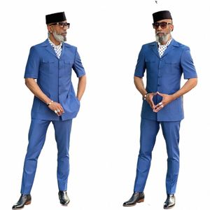 blue Men's Suit 2 Pieces Blazer Pants Single Breasted Peaked Lapel Short Sleeve Slim Fit Wedding Groom Tailored Costume Homme j6S0#