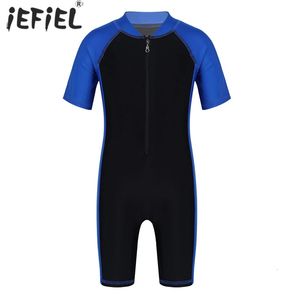 Kids Boys Girls One-piece Suits Rash Guards for Surfing Short Sleeves Zippered Shorty Wetsuits Swimsuit Swimwear Bathing Suits 240326