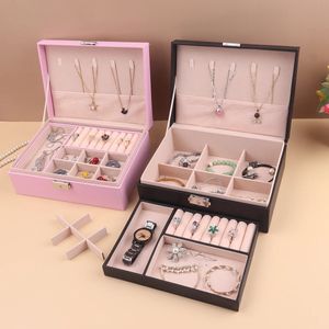 Portable Princess Cosmetics Box Small Simple Earrings Bracelet Ring Doublelayer Jewelry Box Necklace Storage Box 240315