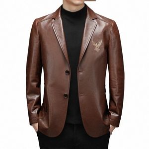 2024- New Men's Busin Gentleman Solid Color British Windproof Casual Fi Lapel Sheepskin Suit Jacket Leather Jacket y0dx#