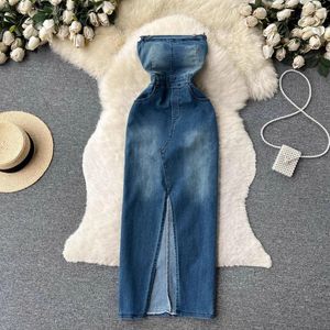 Vestidos casuais streetwear sexy strapless denim vestido mulheres coreano verão sem mangas bainha longa jeans vestidos