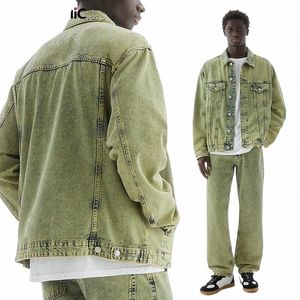 reddachic Hip-Hop Uomo Verde W Giacca di jeans Stitch Casual Lg Maniche Y2k Demi-mari Bomber Giacca Cowboy Cappotto oversize J1rG #