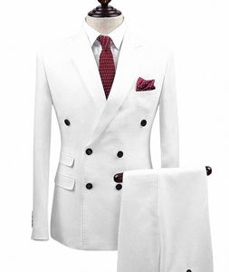 Mens Suits Slim Fit 2 Pieces Busin Groom Double Breasted Jack Tuxedos White Blazer For Wedding Prom EveningBlazer+Pants 896R#