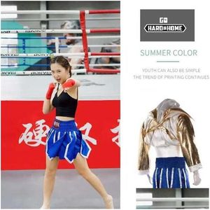 Pantaloncini da boxe Muay Thai Pantaloncini Uomo Donna Bambini Mma Arti marziali Sanda Bjj Lotta Jujitsu Pantaloni da combattimento Morbidi Muaythai Sport Cl261L Drop D Otlyx