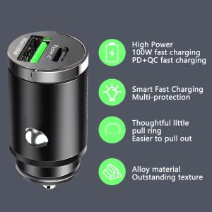 100W Mini Car Charger Lighter Fast Charging för iPhone QC3.0 Mini PD USB Typ C -biltelefonladdare för Xiaomi Samsung Huawei