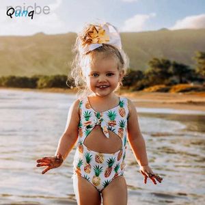 One-Pieces Qunq 2022 Summer New Girls Sleeveless Hollowed-Out Pineapple Print Lovely Vest One-Piece Swimsuit children Swimwear Age 3T-8T 24327