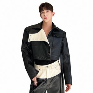 IEFB Spring Designer Short Denim Pu Leather Jacket Ctrast Color 2023 Turn-Down Collar LG Sleeve Mane Coat Fi 9A7435 H2BY#