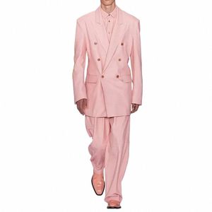 Ternos rosa elegantes para homens 2024 Fi Peak Lapel Double Breasted Suit Casual Busin 2 Piece Wedding Smoking Costume Homme R3MQ #